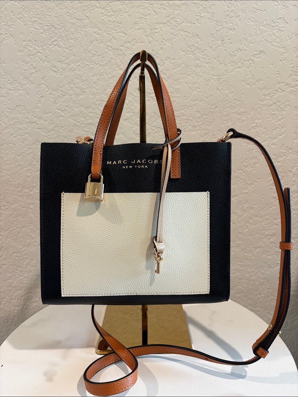 Marc Jacobs Black and White Leather Tote with Brown Handles